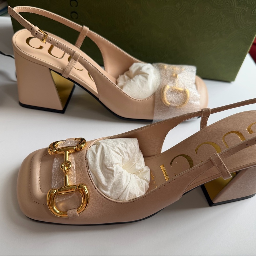 Gucci Horsebit Leather Slingback Shoes with Gold Accents NWT